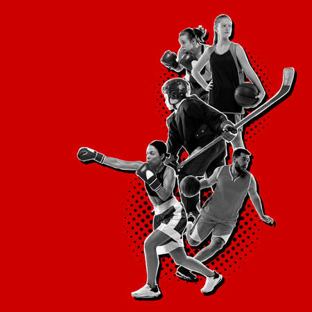 Sport collage about kickboxing, soccer, american football, basketball, ice hockey, badminton, taekwondo, tennis, rugby players.の写真素材