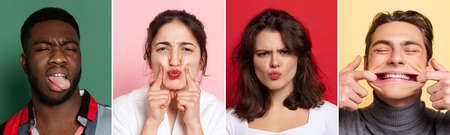 Set with portraits of different multiethnic models on multicolored background. Concept of emotions, facial expression, sales, ad. Collage, poster, flyerの写真素材