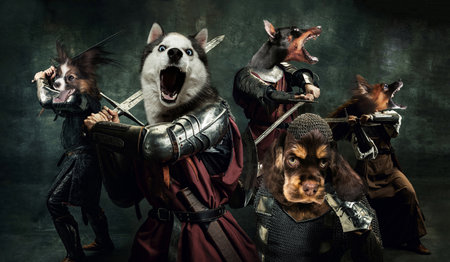 Fight, battle. Creative art collage with brutal serious medieval warriors or knights war clothes with swords in motion, action isolated over dark vintage background.の写真素材