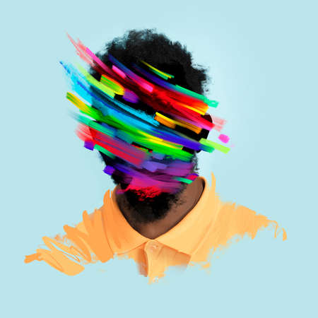 Bright poster with young mans portrait over blue background. Poster graphics effect. Combination of...