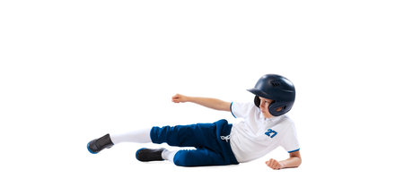 Little beginner baseball player in sports uniform playing baseball isolated on white background....