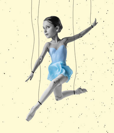 Contemporary art collage with flexible ballerina with drawn doll-puppet body dancing on colored background. Concept of art, creativity, surrealism, ideasの写真素材