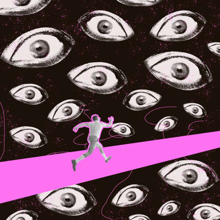 Contemporary art collage. Conceptual image. Man running forward surrounded by many eyes looking....