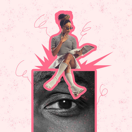 Contemporary art collage. Conceptual image. Young woman reading newspaper under eye control. Propaganda and fake newsの写真素材