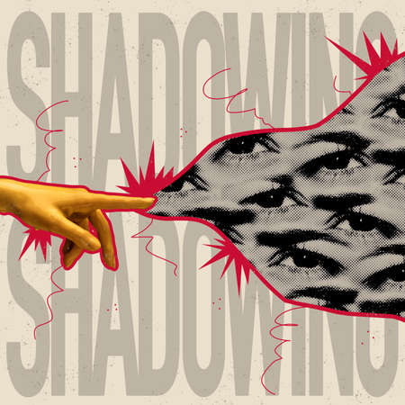 Contemporary art collage. Conceptual image with many human eyes isolated over shadowing lettering...