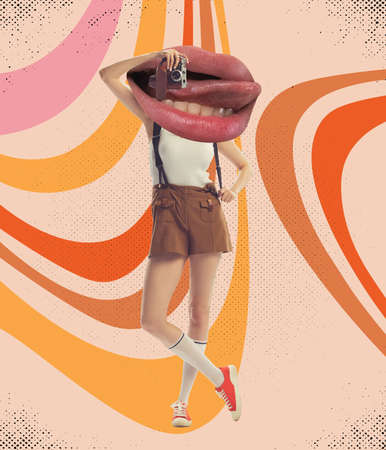 Stylish woman body in retro style outfit headed with huge female mouth. Contemporary art collage, design. Inspiration, ideas. Surrealism, cubism, art and creativity conceptの写真素材