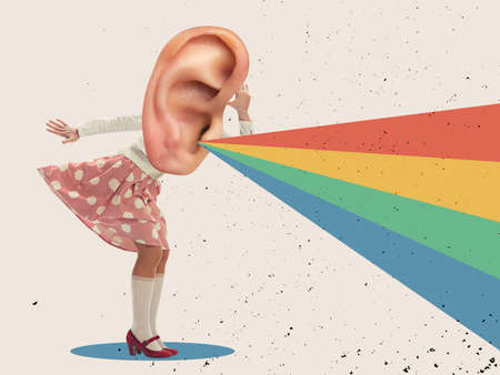 Womans body in retro style outfit headed with huge ear. Contemporary art collage, design. Inspiration, ideas. Surrealism, cubism, art and creativity conceptの写真素材