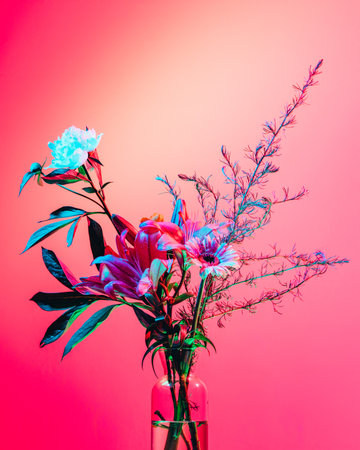 Beautiful bouquet of flowers, abstract floral composition in glass vase over pink, magenta background in neon light. Concept of floristry, decorations, creativity, decorの写真素材