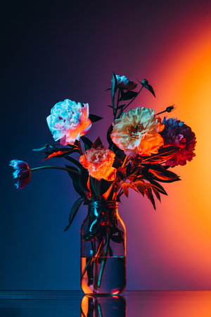 Flowers for beloved woman. Creative floral composition, gerberas, roses and peonies over dark background in neon light. Concept of floristry, decorations, creativity, decorの写真素材