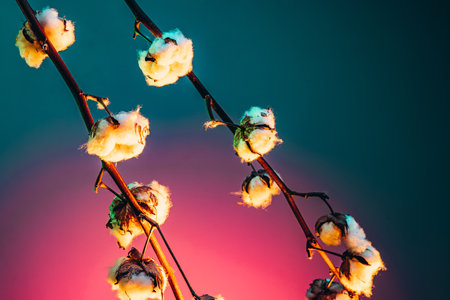 Branches with white fluffy cotton flowers on dark blue background in neon light. Concept of floristry, decorations, creativity, decorの写真素材