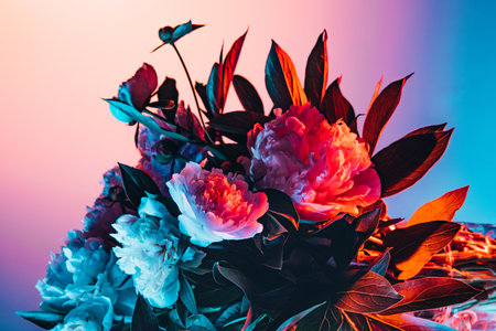 Flowers for beloved woman. Creative floral composition, gerberas, roses and peonies over dark background in neon light. Concept of floristry, decorations, creativity, decorの写真素材