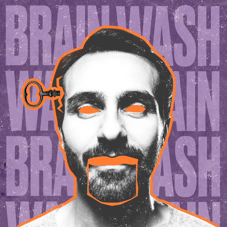 Young man in image of zombie with little drawn key in his head isolated over abstract background....