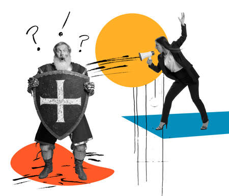 Young business woman fight with medieval warrior in armored clothes on colored abstract background with pencil sketches. Contemporary artwork.の写真素材