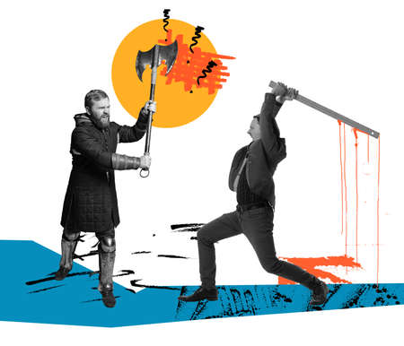 Contemporary artwork. Battle between modern office workers and medieval knights wearing armored...