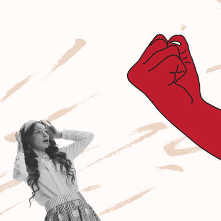 Conceptual collage with young scared girl in retro, 70s, 80s fashion style clothes and drawn red fist over light background. Concept of contemporary art, war, agression, emotionsの写真素材