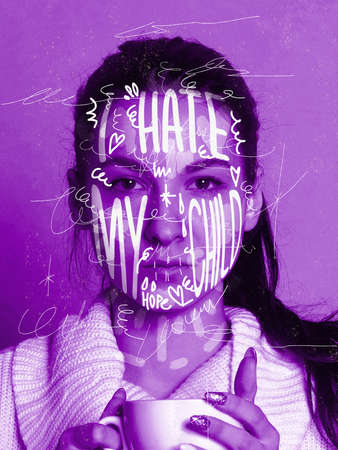 Closeup. Young girls portrait with white lettering expressing psychological problems on her face....