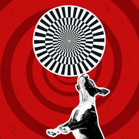 Contemporary art collage. Cute dog with huge circle with optical illusion pattern, design. Concept...