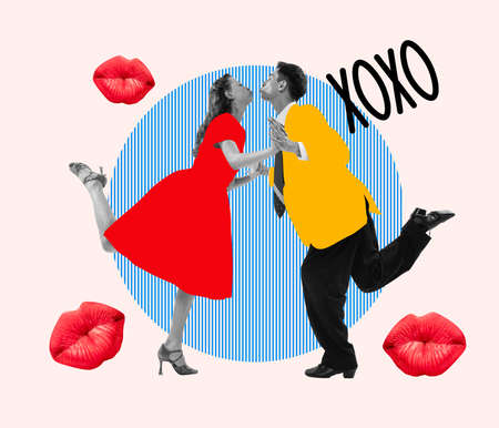 Contemporary art collage. Dancing couple in retro 70s, 80s styled clothes isolated over bright abstract background. Concept of art, music, fashion, party, creativityの写真素材