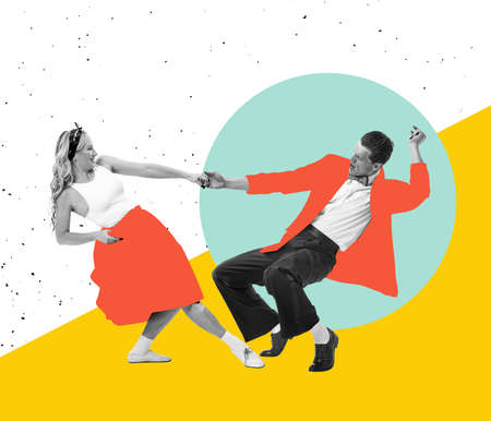 Young happy dancing man and woman in bright retro 70s, 80s style outfits dancing over colored background with drawings. Contemporary art collage.の写真素材