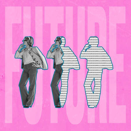 Contemporary art collage. Fashionable woman in vintage cloth with standing isolated over pink...