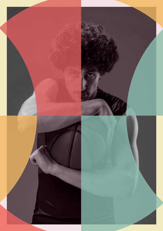 Contemporary art collage with professional basketball player posing with ball on abstract colored background. Modern poster design. Sport, challenges conceptの写真素材
