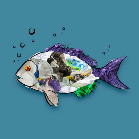 Contemporary conceptual art collage with drawn fish filled with garbage and plastic waste....