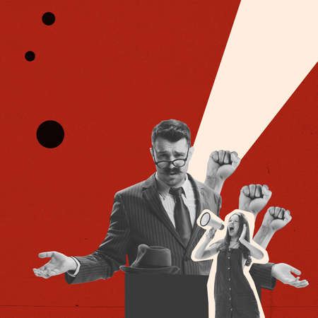 Contemporary art collage. Politic, business man and people vote, protest over red background....