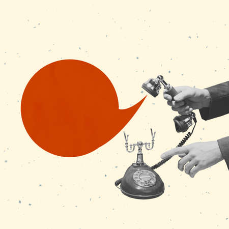 Contemporary art collage. Human hand holding retro vintage phone isolated over light background. Communication. Talks, fakes, gossipの写真素材