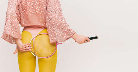 Closeup. Back view of young fashionable girl in  style outfit over white background. Vivid style, beauty, queer, freak, fashion concept.の写真素材