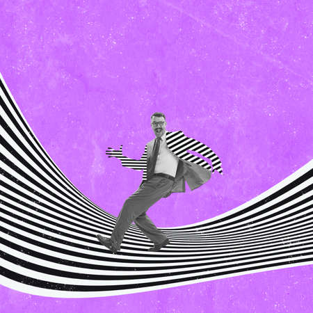 Contemporary art collage. New idea or creative inspiration. Man with abstract optical ray over color background. Concept of retro styleの写真素材