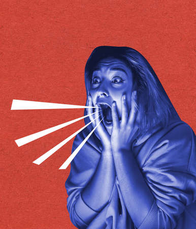Contemporary art collage. Conceptual image with stressed woman. Control of speech, influence, fakes and news.の写真素材