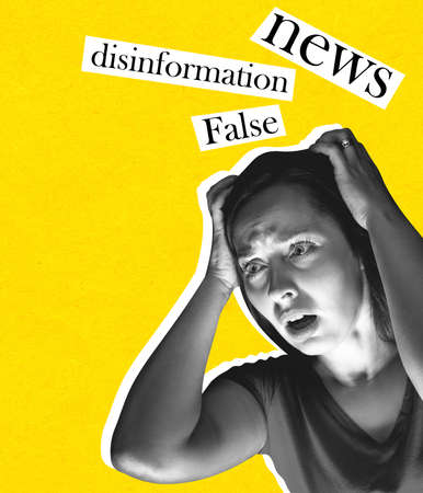 Contemporary art collage. Conceptual image with stressed woman. Control of speech, influence, fakes and news.の写真素材