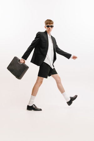 One young stylish man, student in black shorts and jacket posing isolated over white background....