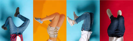 Collage with dancing, moving legs wearing shoes, sneakers, trainers isolated over bright...