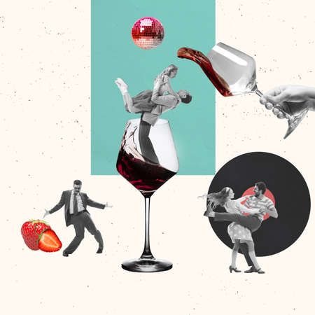 Contemporary art collage. Creative design. Stylish cheerful people having fun on party, dancing, drinking wineの写真素材