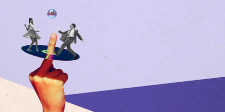 Contemporary art collage. Creative design. Cheerful stylish couple dancing on CD disc, having party, celebration. Flyerの写真素材