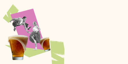 Contemporary art collage. Creative design. Stylish man and woman dancing retro dance, drinking...