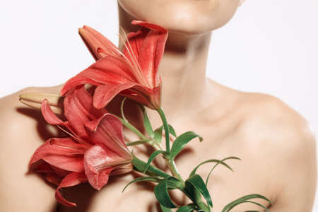 Close up female neck, collarbones and red flower isolated on white studio background. Natural beauty, fitness, diet, spa, plastic surgery and aesthetic cosmetologyの写真素材