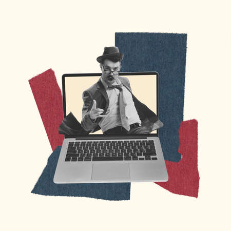 Contemporary art collage. Stylish man sticking out laptop screen and making performanceの写真素材