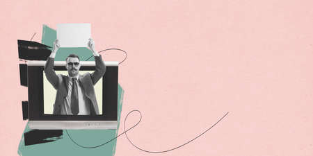 Contemporary art collage. Stylish man sticking out TV screen and making announcement. Voting processの写真素材
