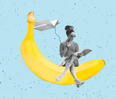 Contemporary art collage. Stylish young girl sitting on banana and reading expressive story isolated over blue backgroundの写真素材