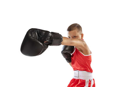 Portrait of active boy, beginner boxer in sports gloves and red uniform isolated on white background. Concept of sport, movement, studying, achievements, lifestyle.の写真素材