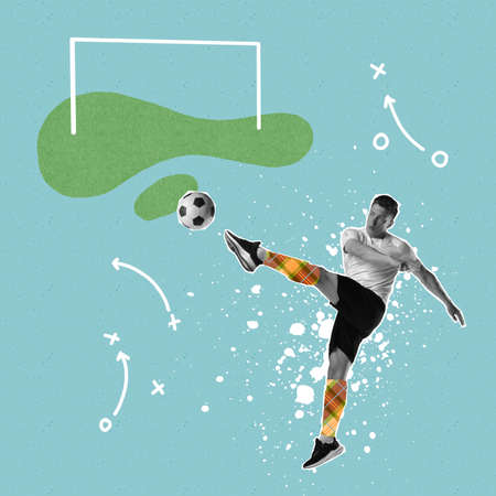 Contemporary art collage. Professional male soccer football player kicking the ball over light background with drawings. Sport, achievements, media, betting, news, adの写真素材