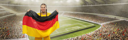Collage with young astonished girl with german national flag supports favorite team. Soccer fans, emotions, competition, sport, oktoberfest conceptの写真素材