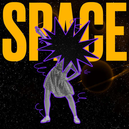Contemporary art collage. Woman with black hole instead head dancing isolated over dark space background with lettering. Surrealismの写真素材