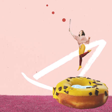 Eccentric girl playing badminton on huge glaze donut. Contemporary art collage, modern design. Ideas, emotions, happiness. Retro style, vacation, summer vibesの写真素材