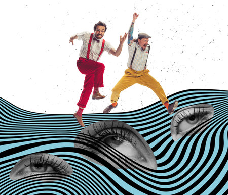 Excited men jumping, running. Contemporary art collage. New ideas and creative inspiration. Concept...