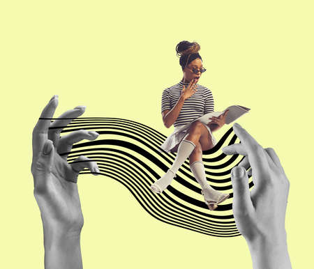 Contemporary art collage. Surprised girl reading magazine. New ideas and creative inspiration. Concept of retro vintage style. optical illusion elementsの写真素材