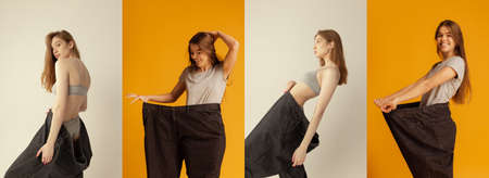Collage made of images of young beautiful women with perfect body shapes in oversize jeans isolated...