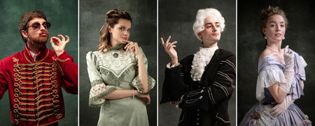 Young people as medieval persons, grandee on dark vintage background. Collage of portraits in retro costume. Human emotions, comparison of erasの写真素材